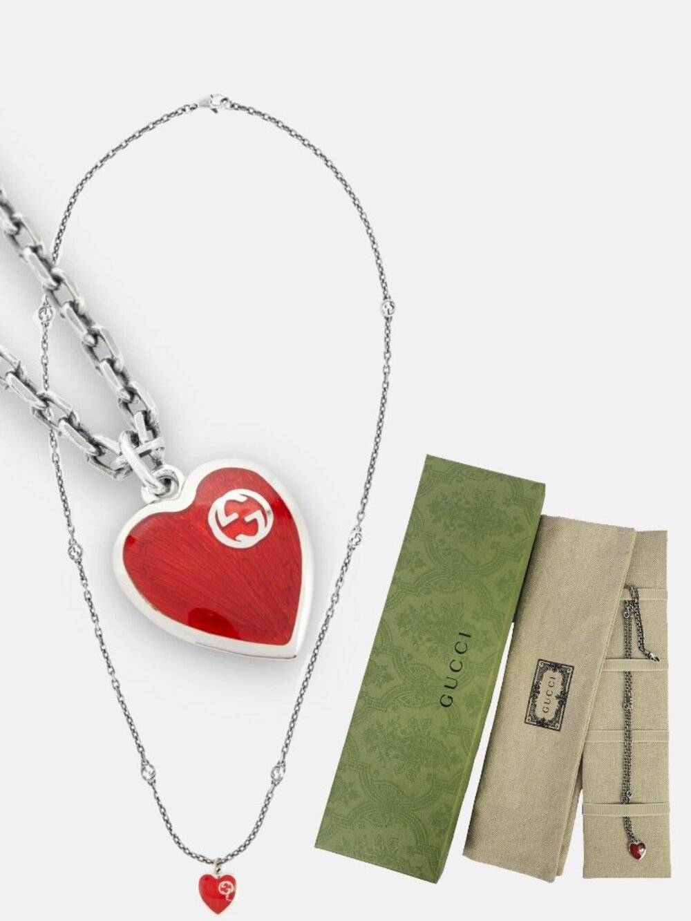 GUCCI NECKLACE INTERLOCKING LOGO STERLING SILVER CHAIN RED ENAMEL HEART